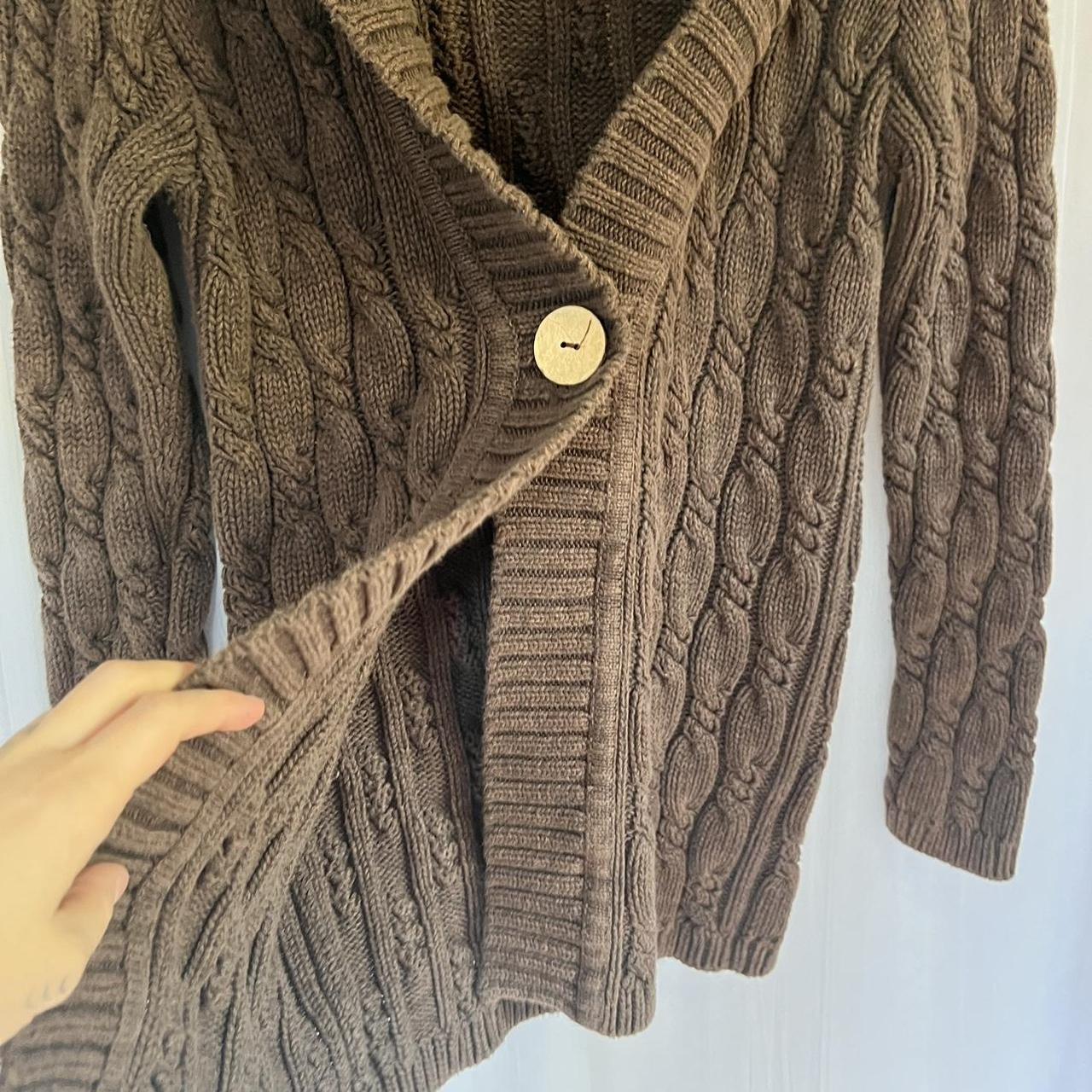 Brown cable knit cardigan. Brown cable knit open... - Depop