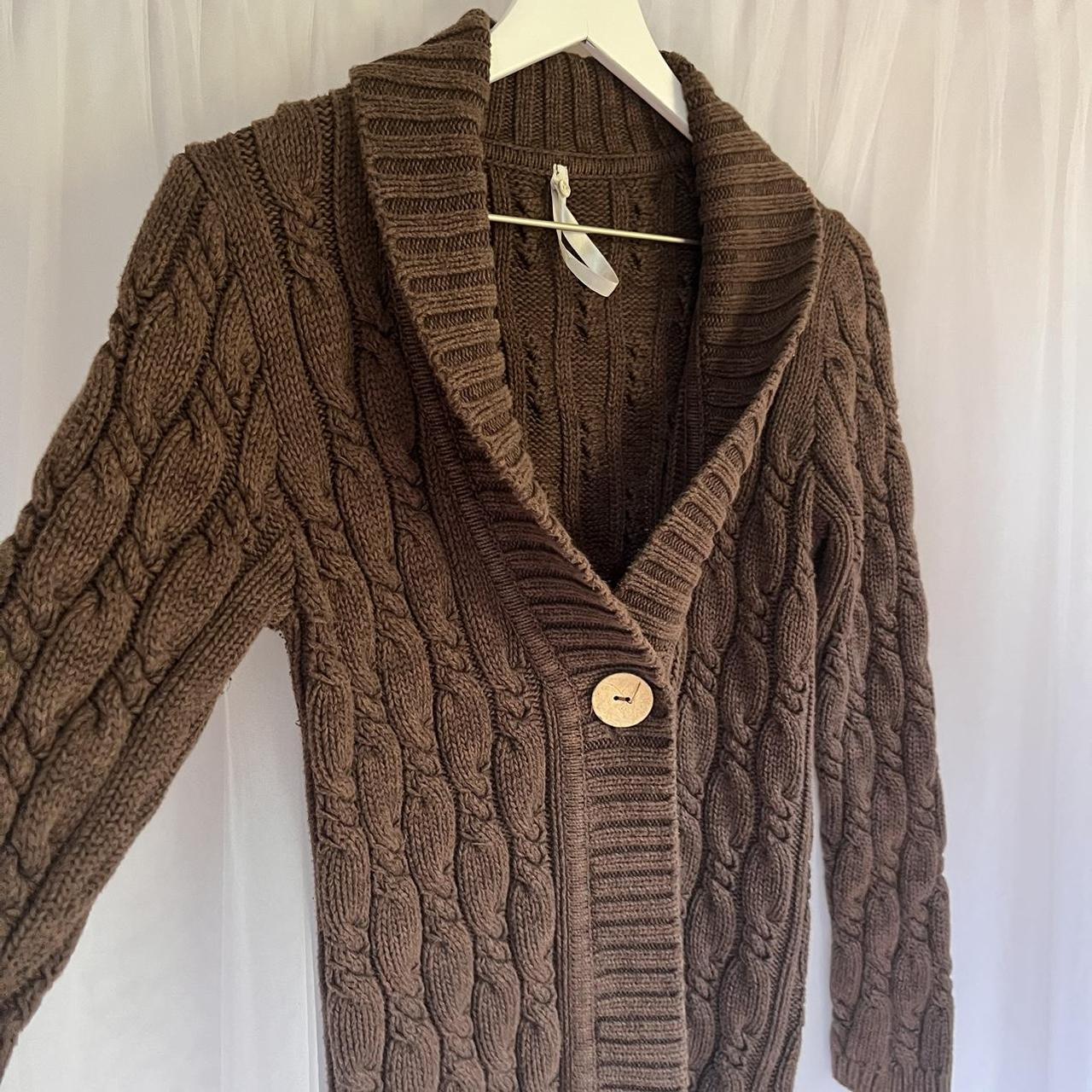 Brown cable knit cardigan. Brown cable knit open... - Depop