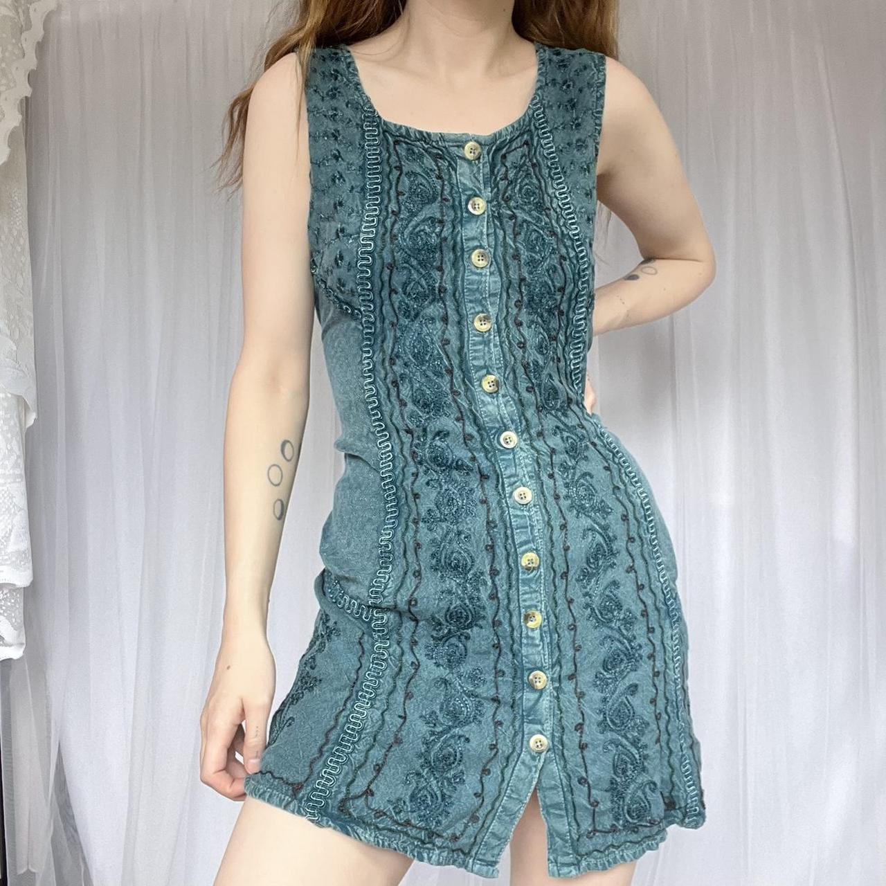 Vintage embroidered boho dress. Teal blue... - Depop