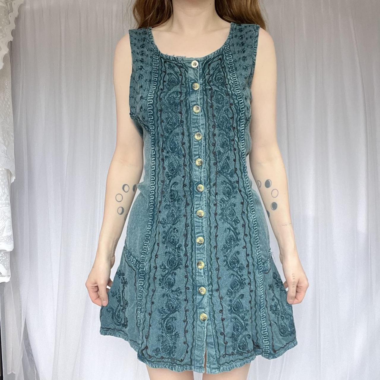 Vintage embroidered boho dress. Teal blue... - Depop