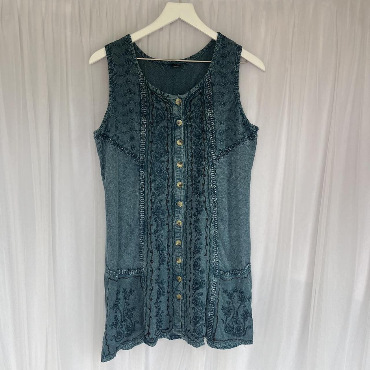 Vintage embroidered boho dress. Teal blue... - Depop