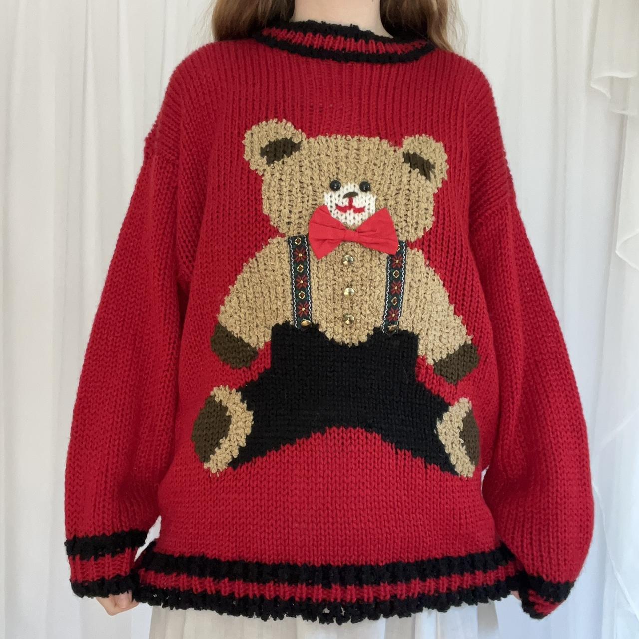 Vintage teddy bear sweater Red knit teddy bear... - Depop