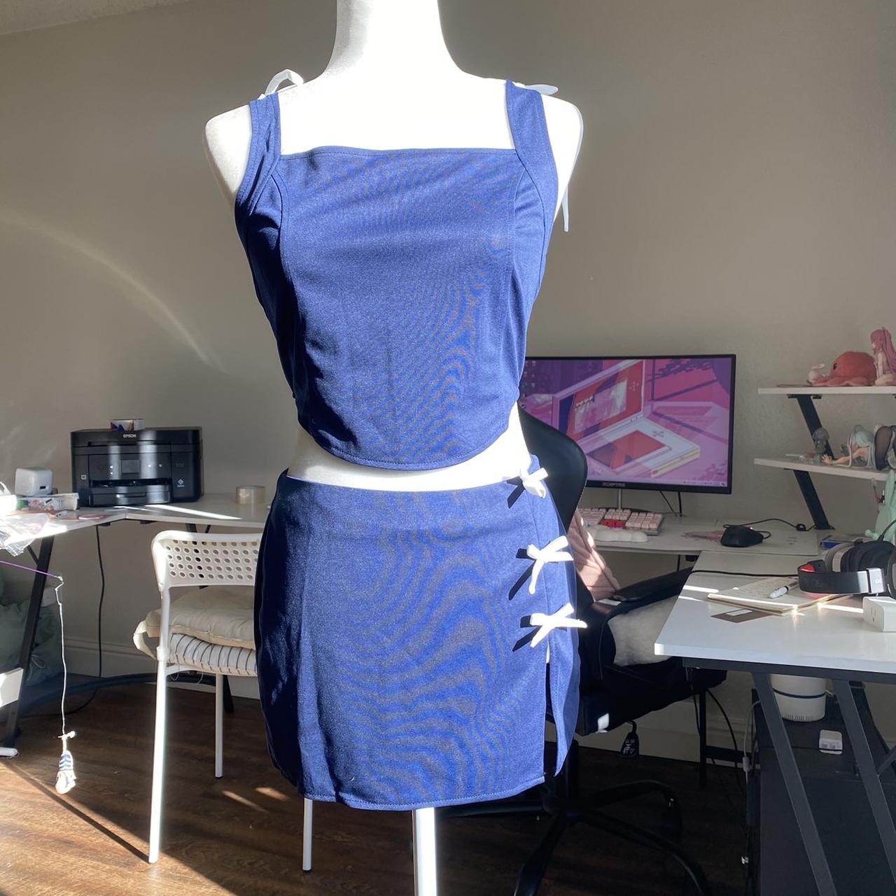 Navy Top and Mini Skirt Set Has cute ribbons on the... - Depop