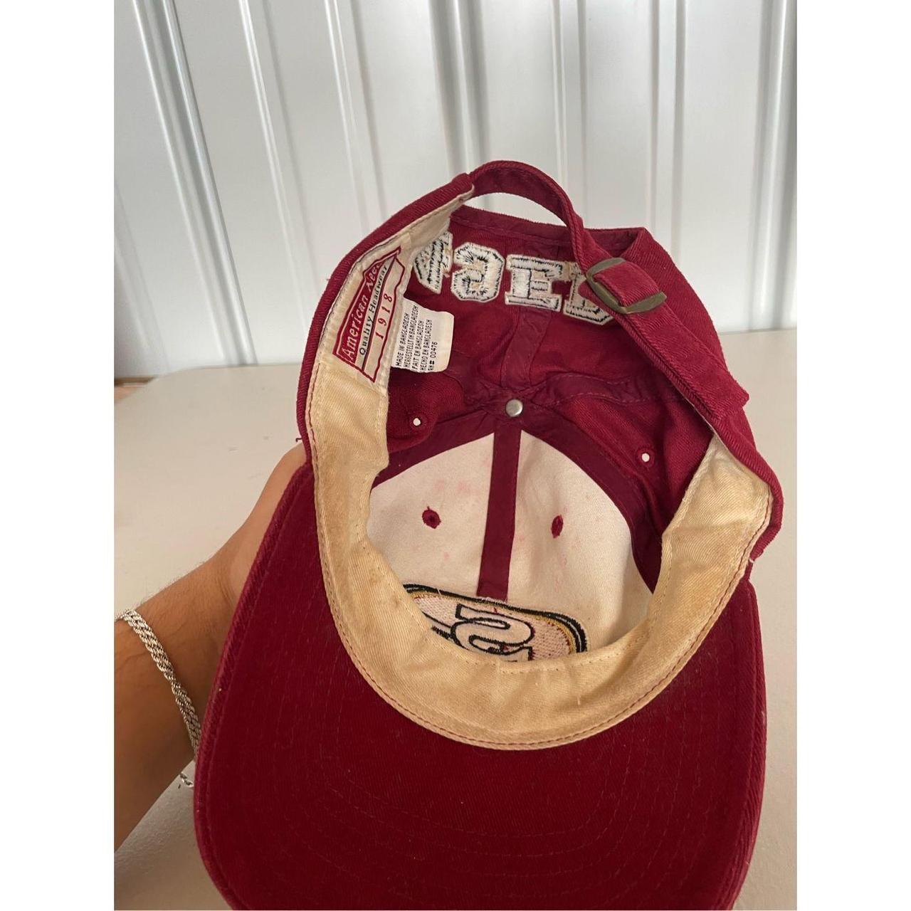 49ers strap back hat embroided logo cream and red - Depop