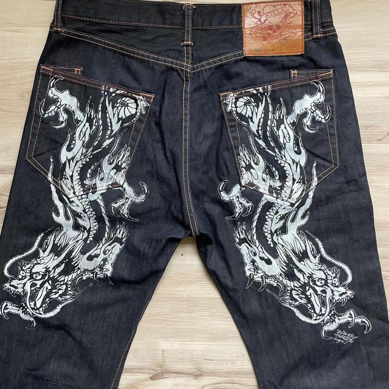 Ed hardy vintage dragon print jeans. fye pocket... - Depop