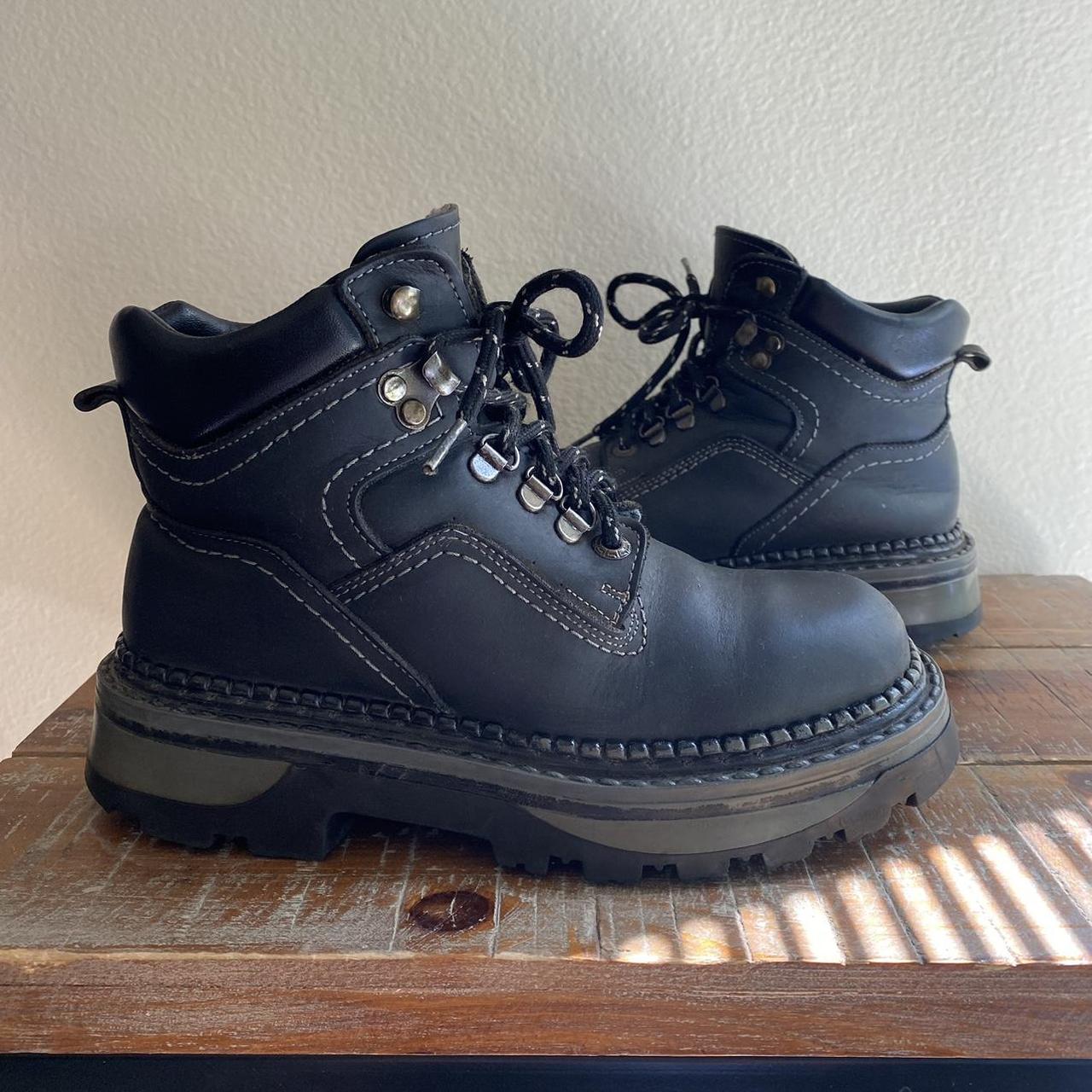 European Vintage Hiking boots - black leather lug... - Depop