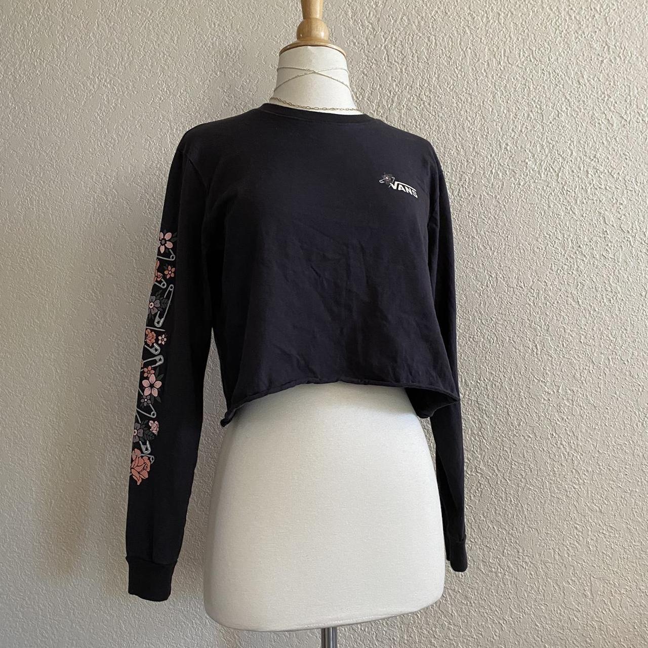 VANS cropped long sleeve tee shirt - black with... - Depop