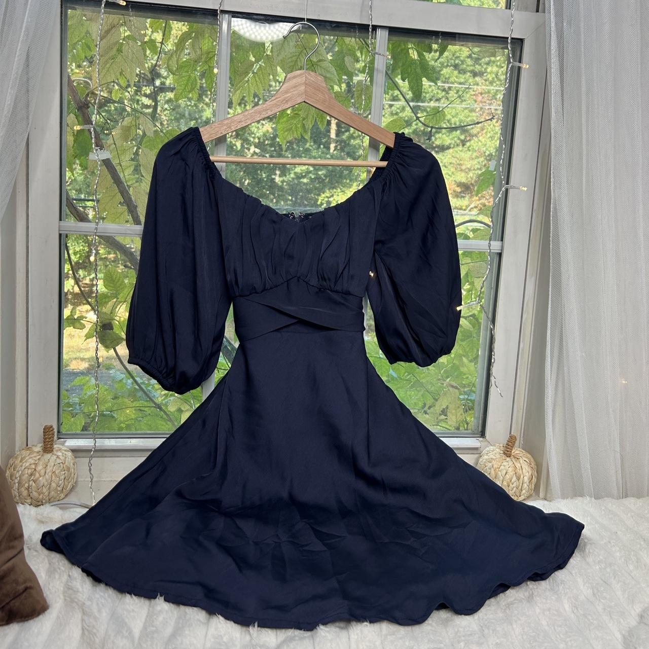 Aritzia satin midnight blue dress with puffy sleeves. Depop