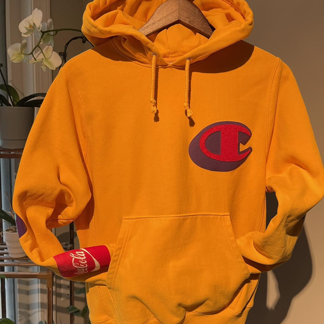 Champion X Coca Cola Reverse Weave Hoodie Yellow. Depop