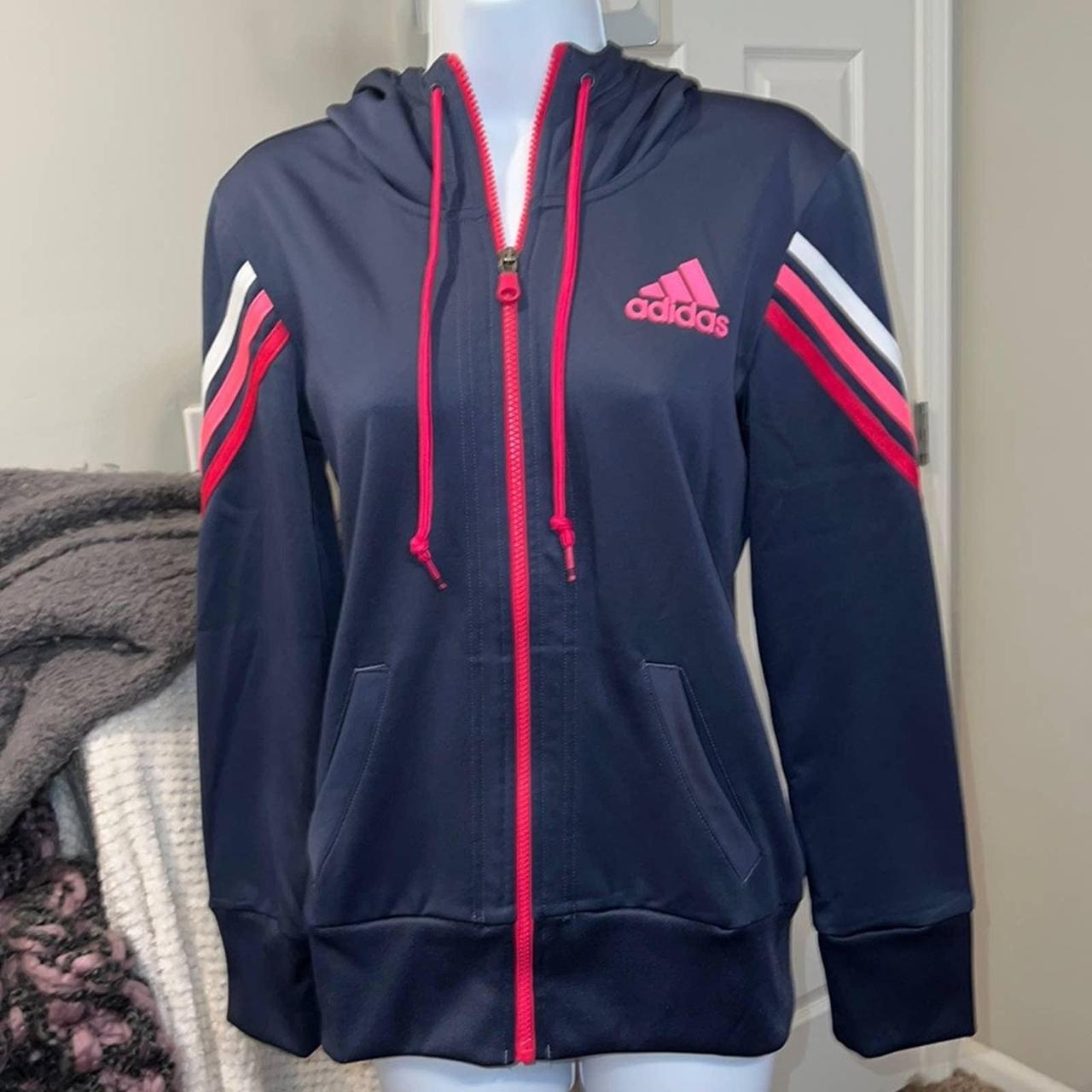 Adidas navy zippered, hooded jacket , size S ... - Depop