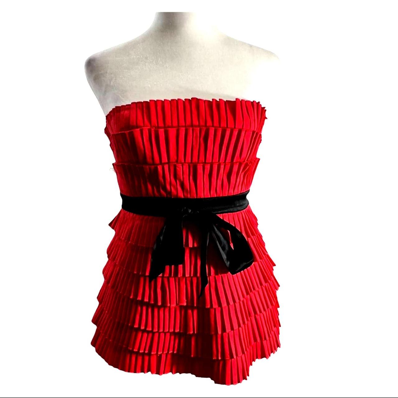 BEBE Red Pleated Strapless Top with black Satin... - Depop