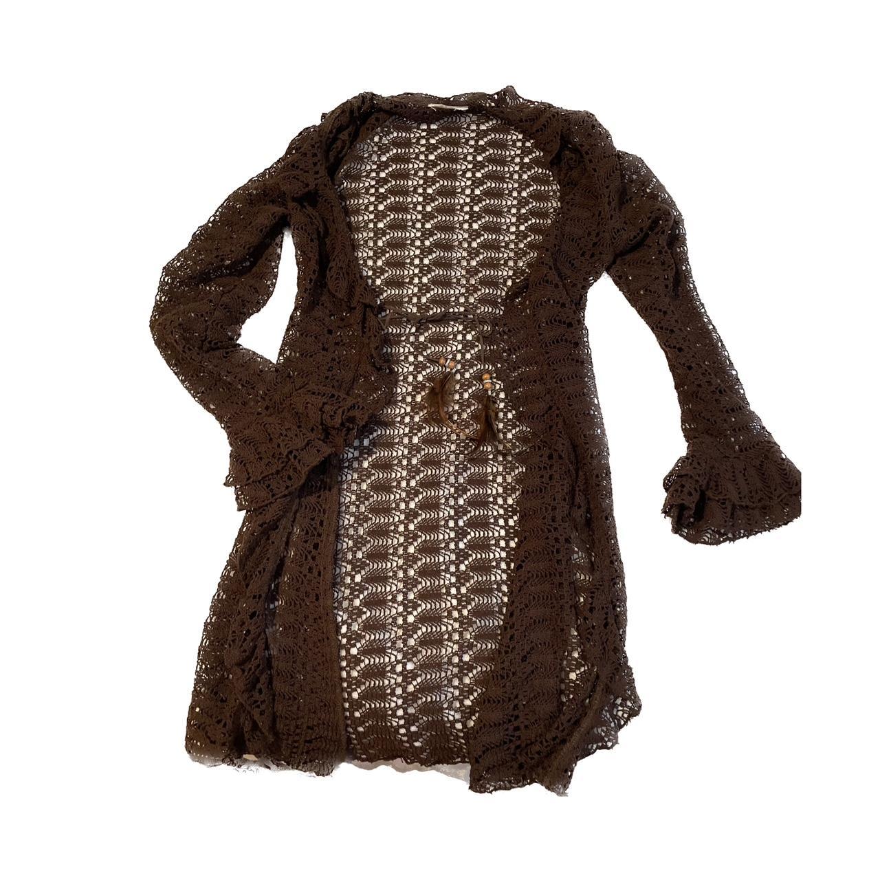 dark brown crochet cardigan suede ties, feature... - Depop