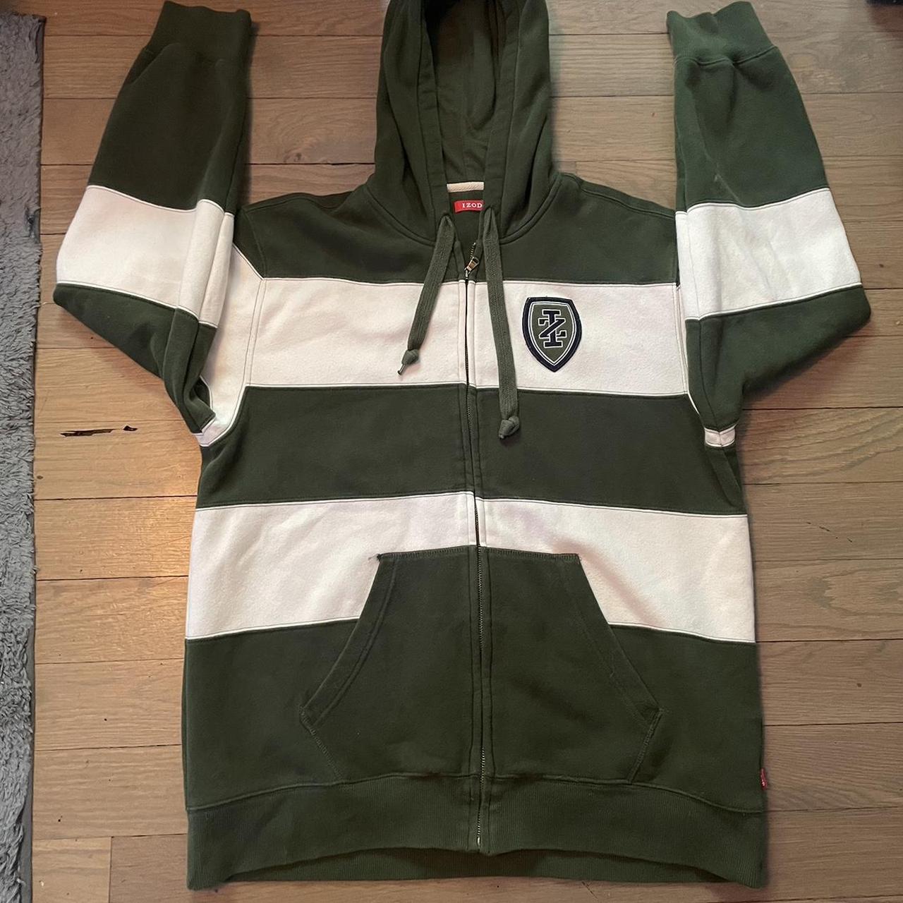 Izod Men's Green and White Hoodie Depop