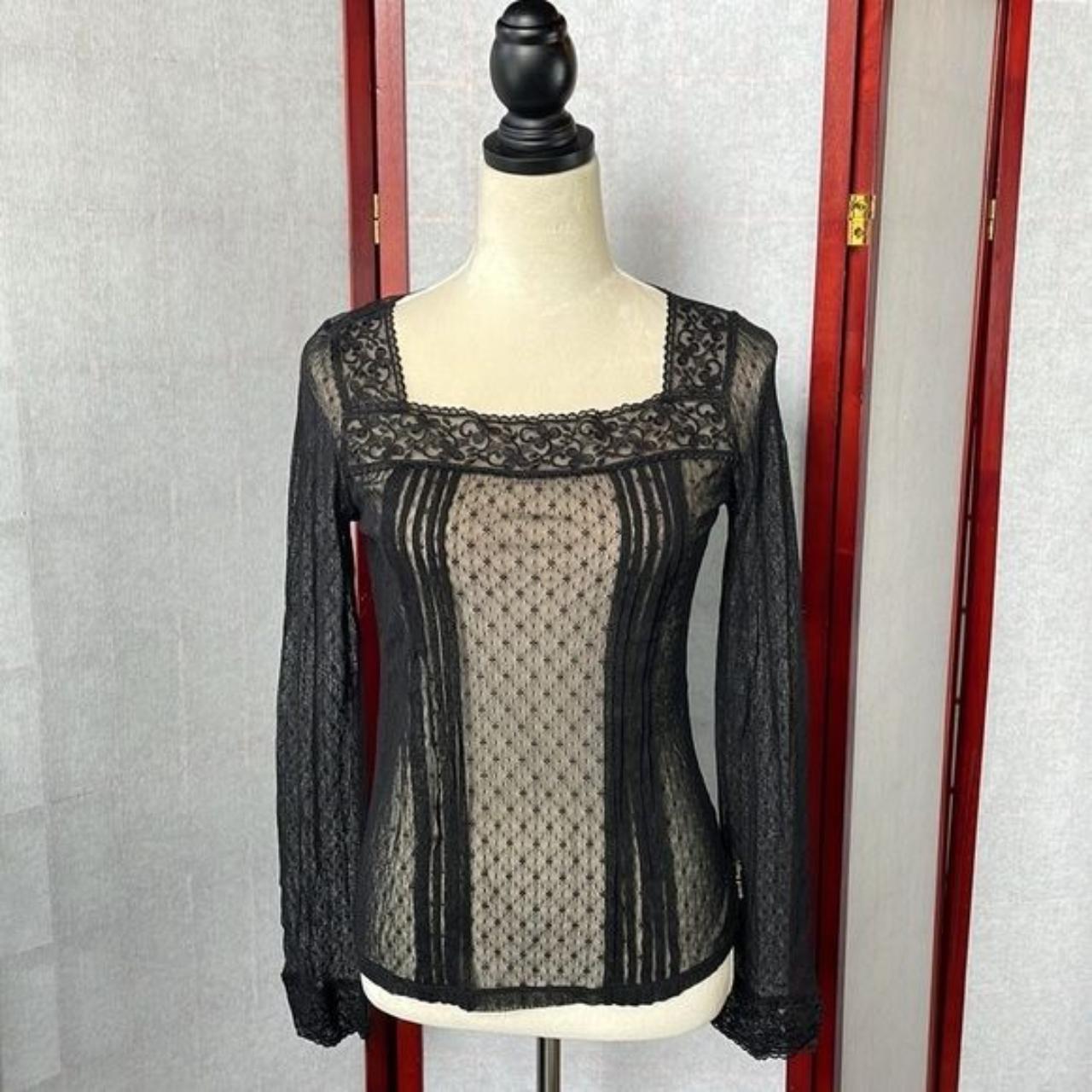 Black, sheer, long sleeve top with square neck. Some... - Depop