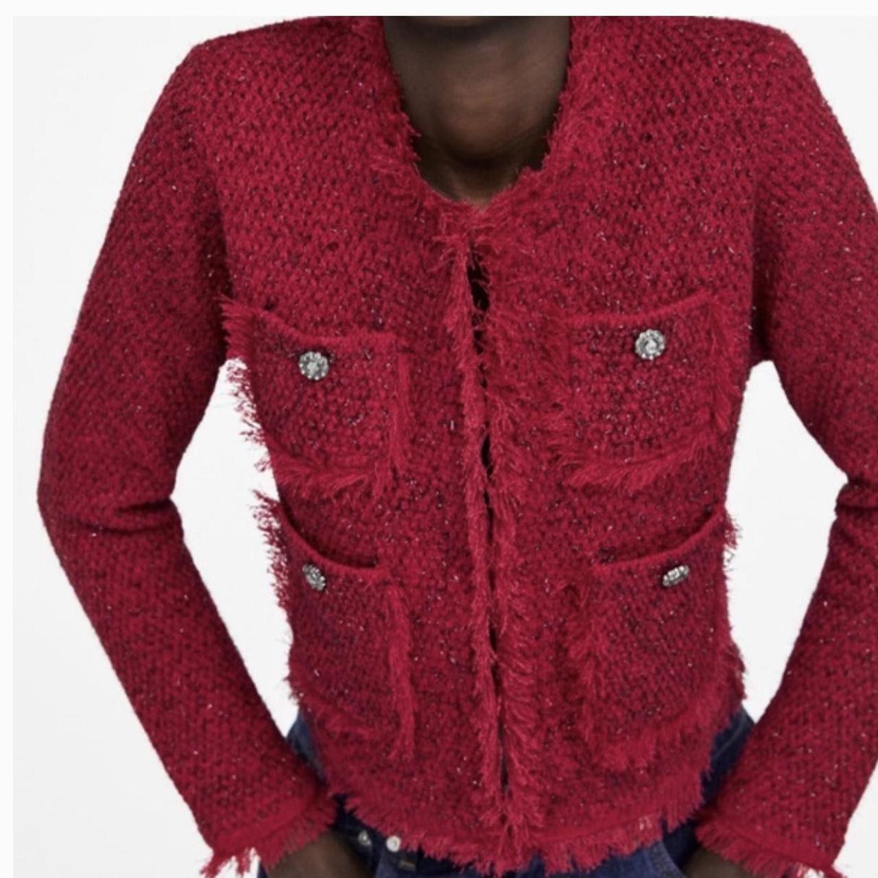 Zara red tweed knit jewel button jacket New... - Depop