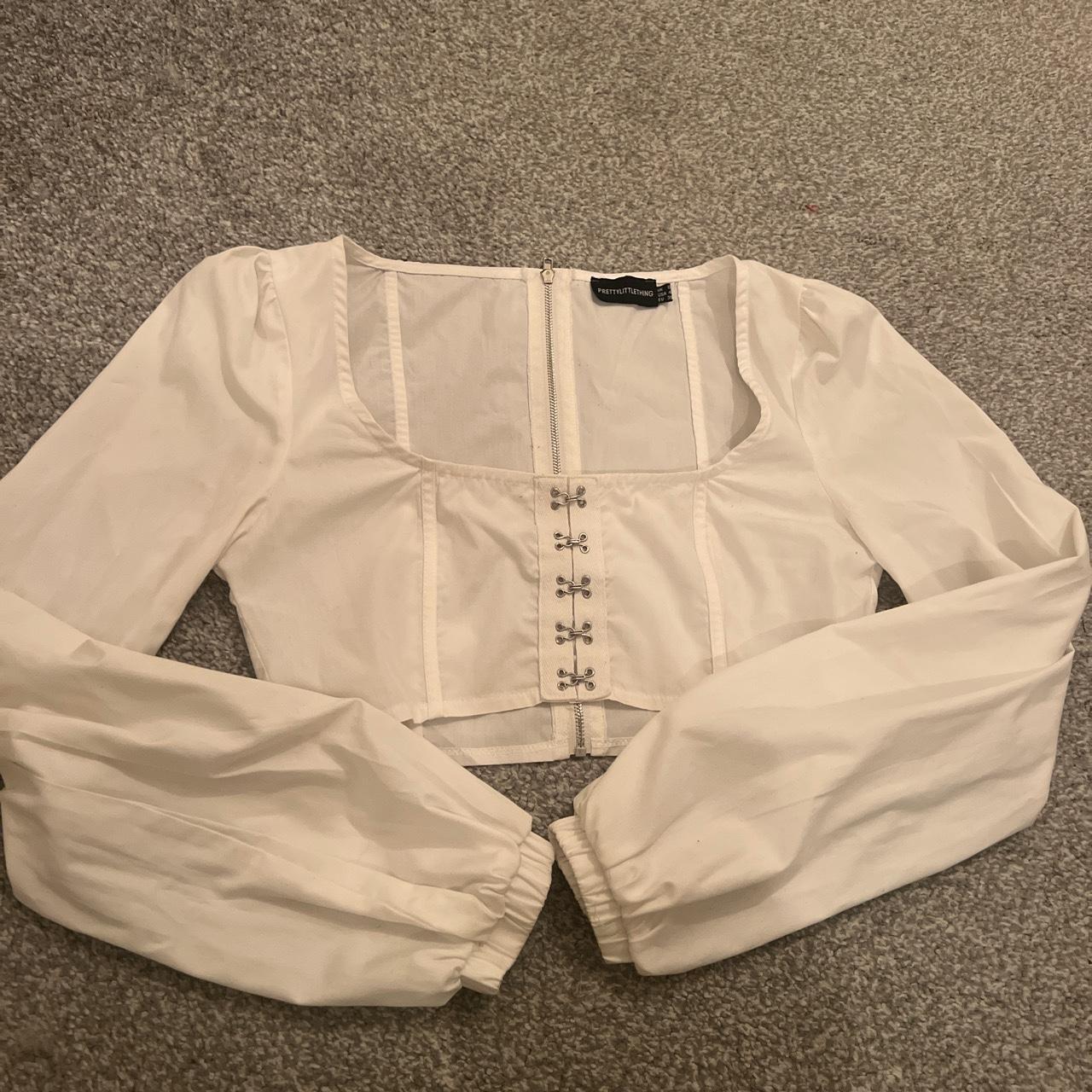 PLT white dressy top, hook + eye front, zip up back,... Depop