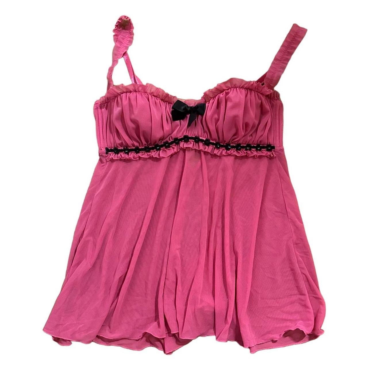 Black and pink mesh babydoll lingerie top Size:... - Depop