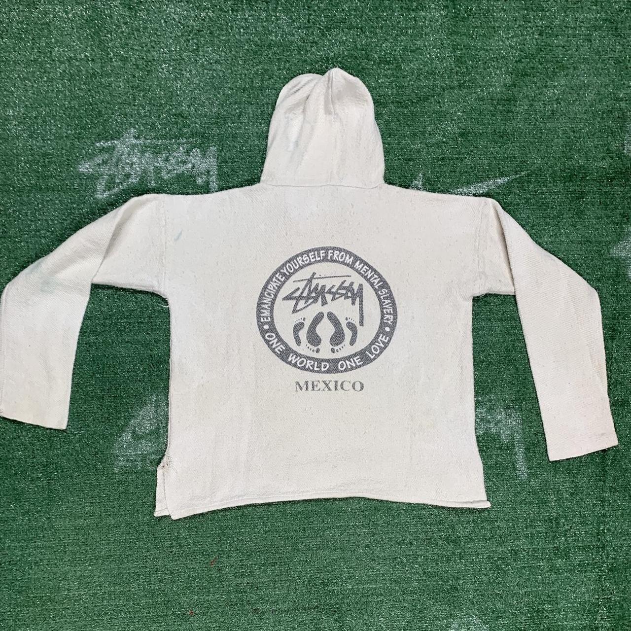 Stüssy Men's Cream and Black Hoodie Depop