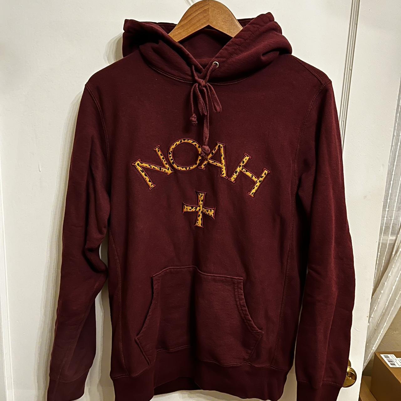 Noah Core Logo burgundy cheetah print hoodie. Size