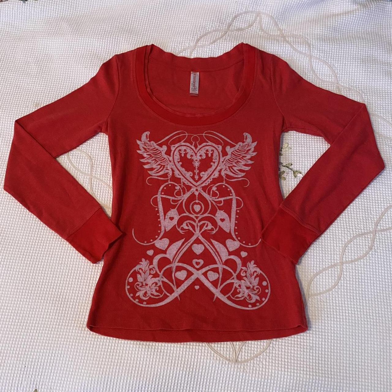 No Boundaries Red & White Heart Design Long Sleeve... - Depop