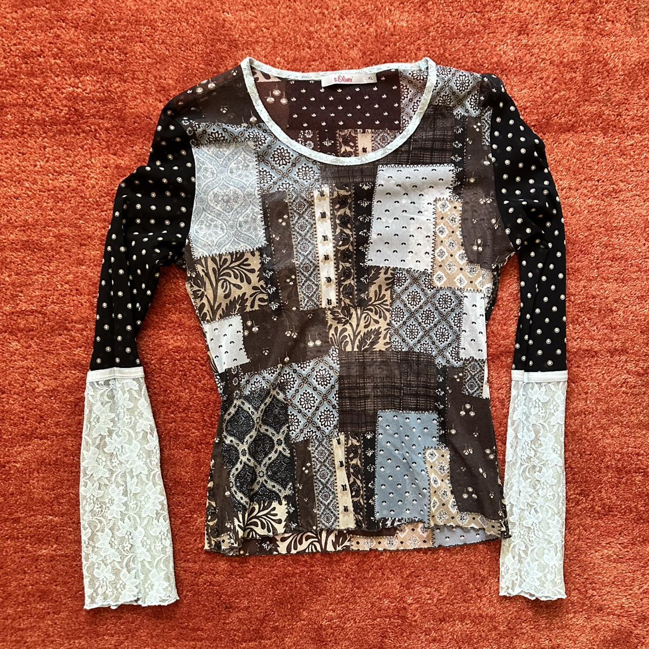 Brown and cream patchwork mesh top with lace sleeves... - Depop