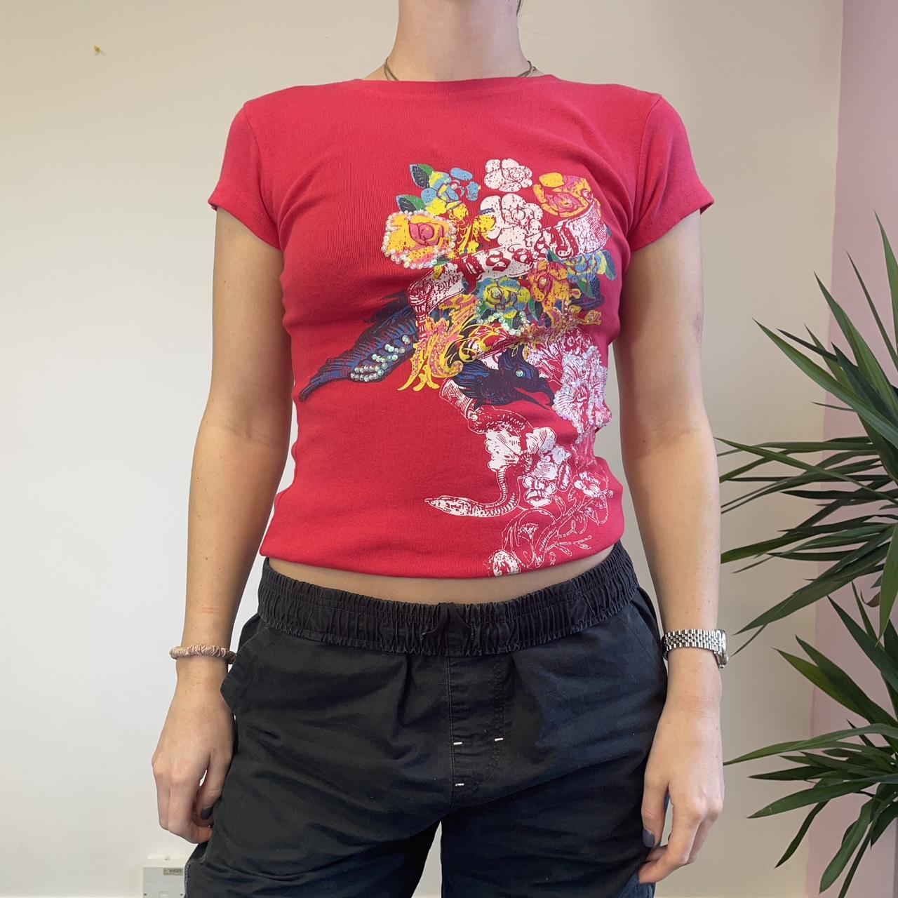 00s red graphic baby tee ! Sequin detail over an Ed... - Depop