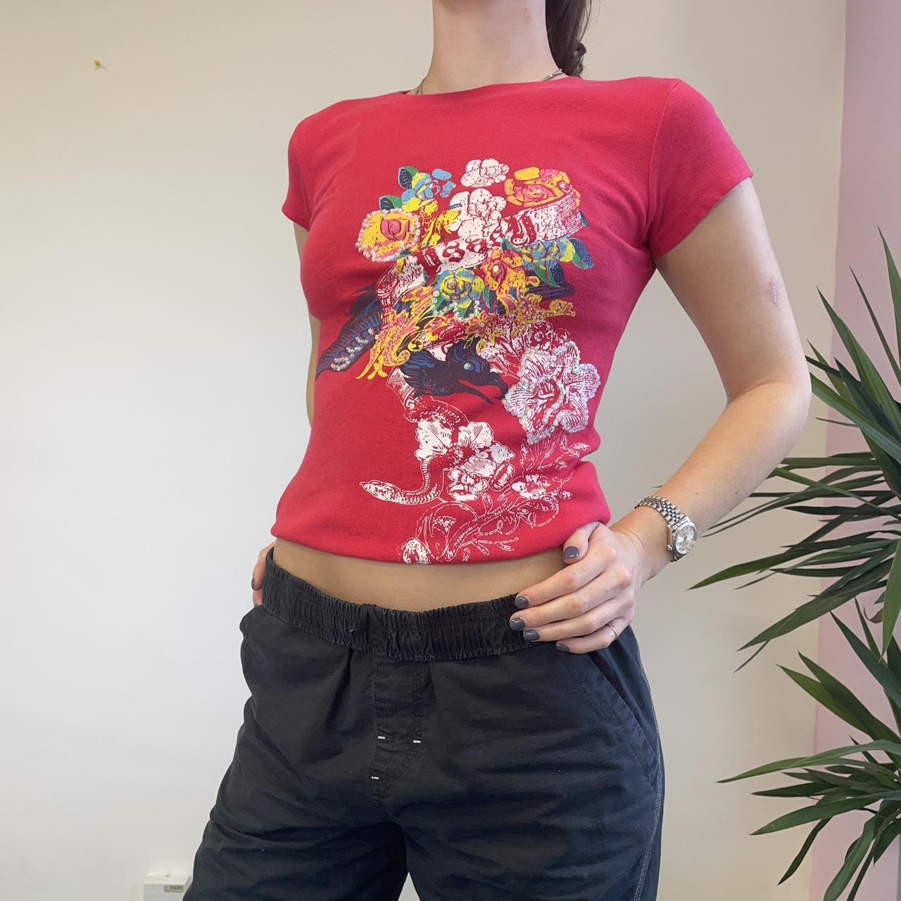 00s red graphic baby tee ! Sequin detail over an Ed... - Depop