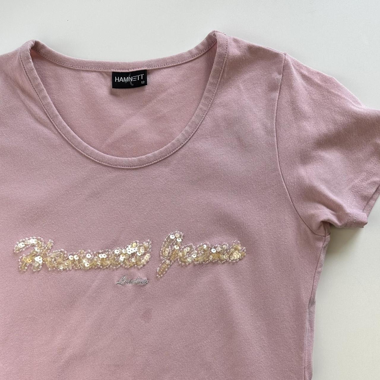 90s baby tee Baby pink baby tee with sequin spellout... - Depop