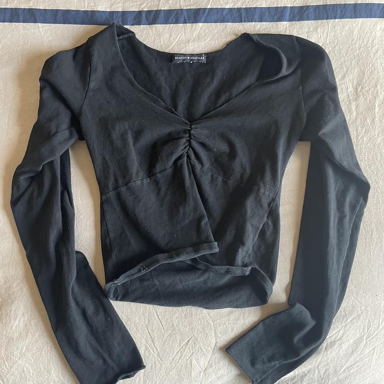 Brandy Melville Long Sleeve Black V Neck Ruched Crop... - Depop