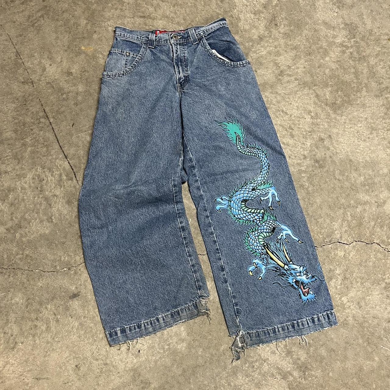 Vintage JNCO jeans blue Crazy dragon print Insanely... - Depop