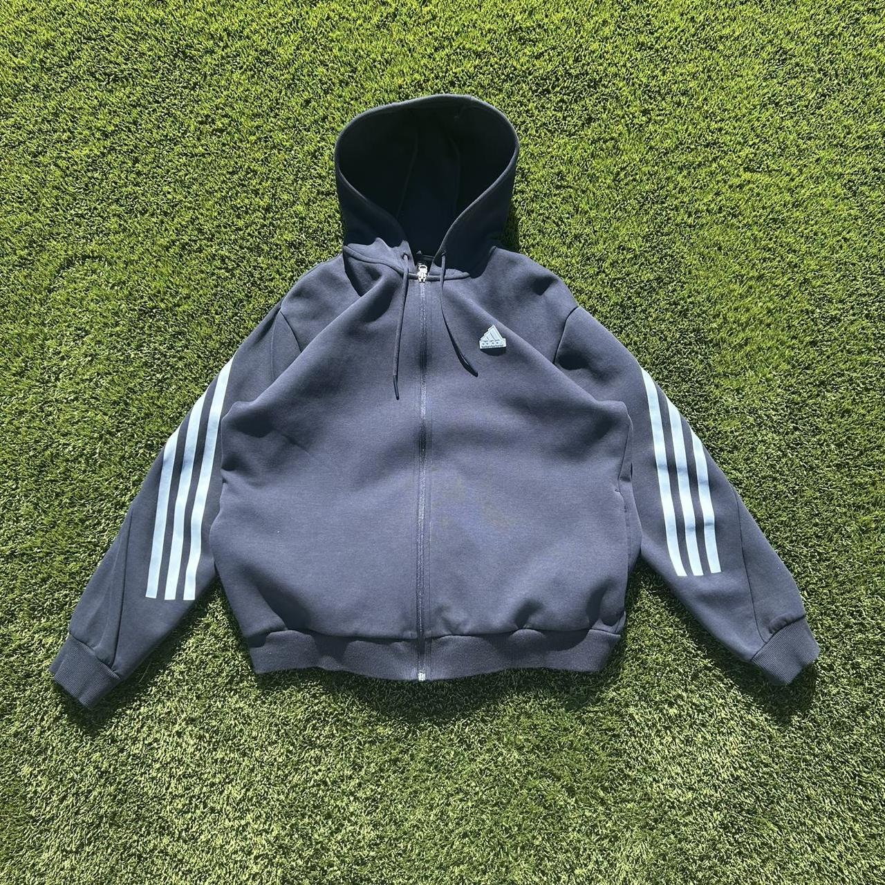 Navy Blue Adidas Zip-Up Hoodie with Baby Blue... - Depop