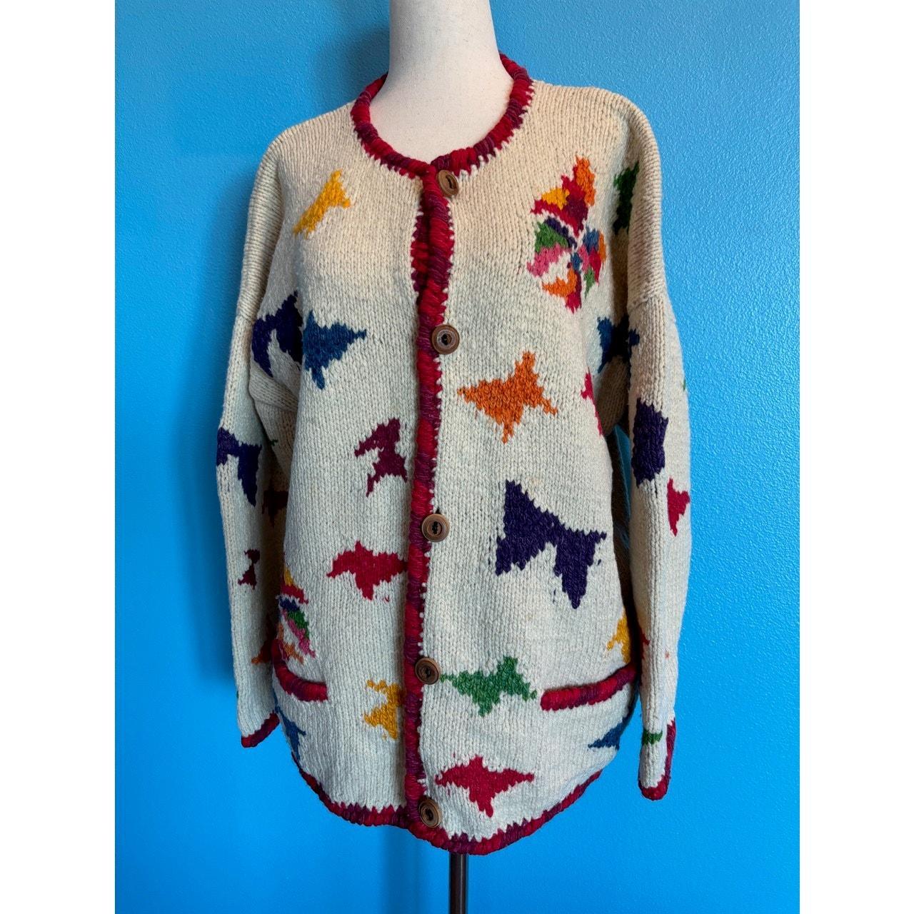 Vintage 90s Bolivian 100% Wool Hand Knitted hot Multi colored Sweater OS