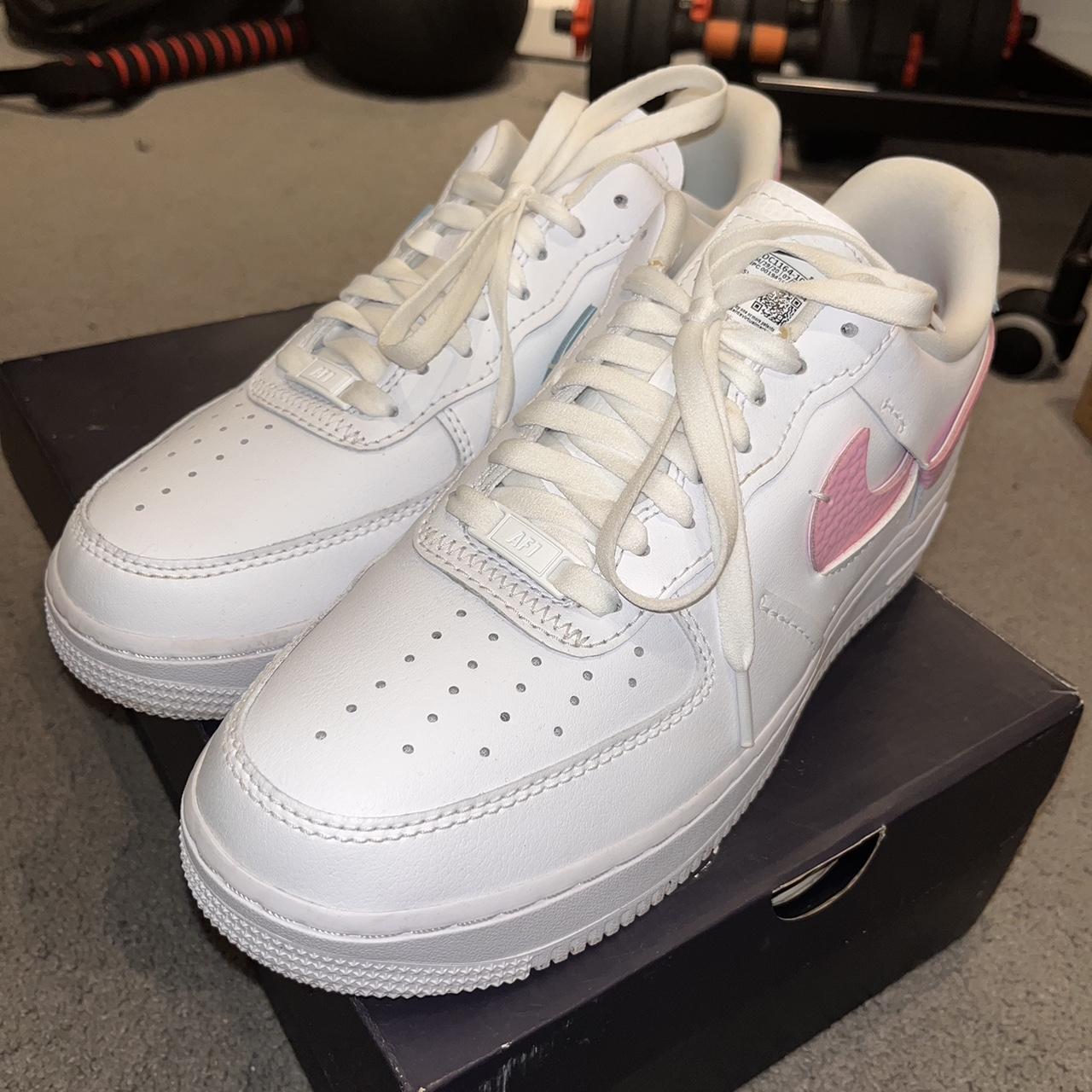 Men’s white, blue and pink airforces great condition... - Depop