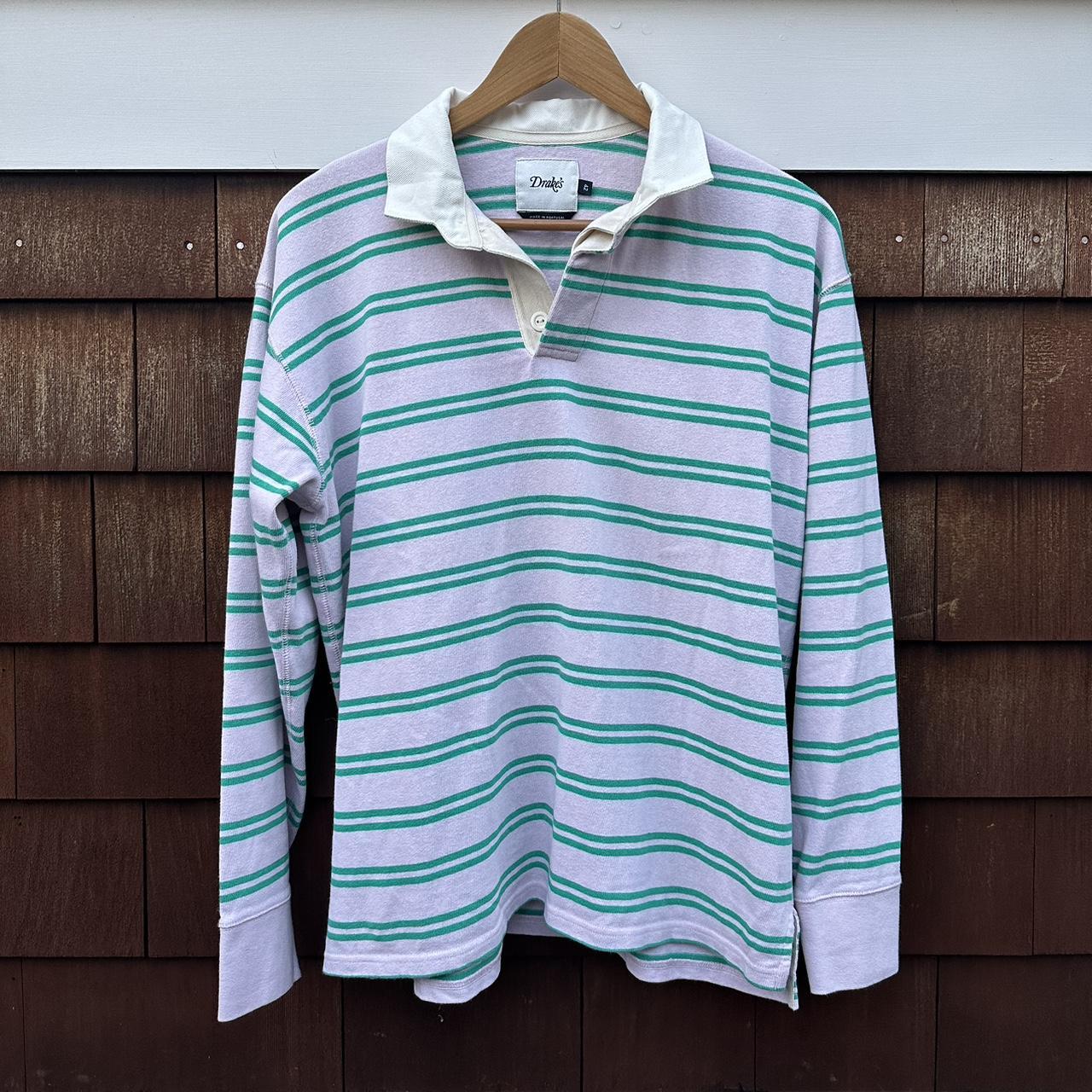 Drakes of London Rugby Shirt in Pink and Green -... - Depop