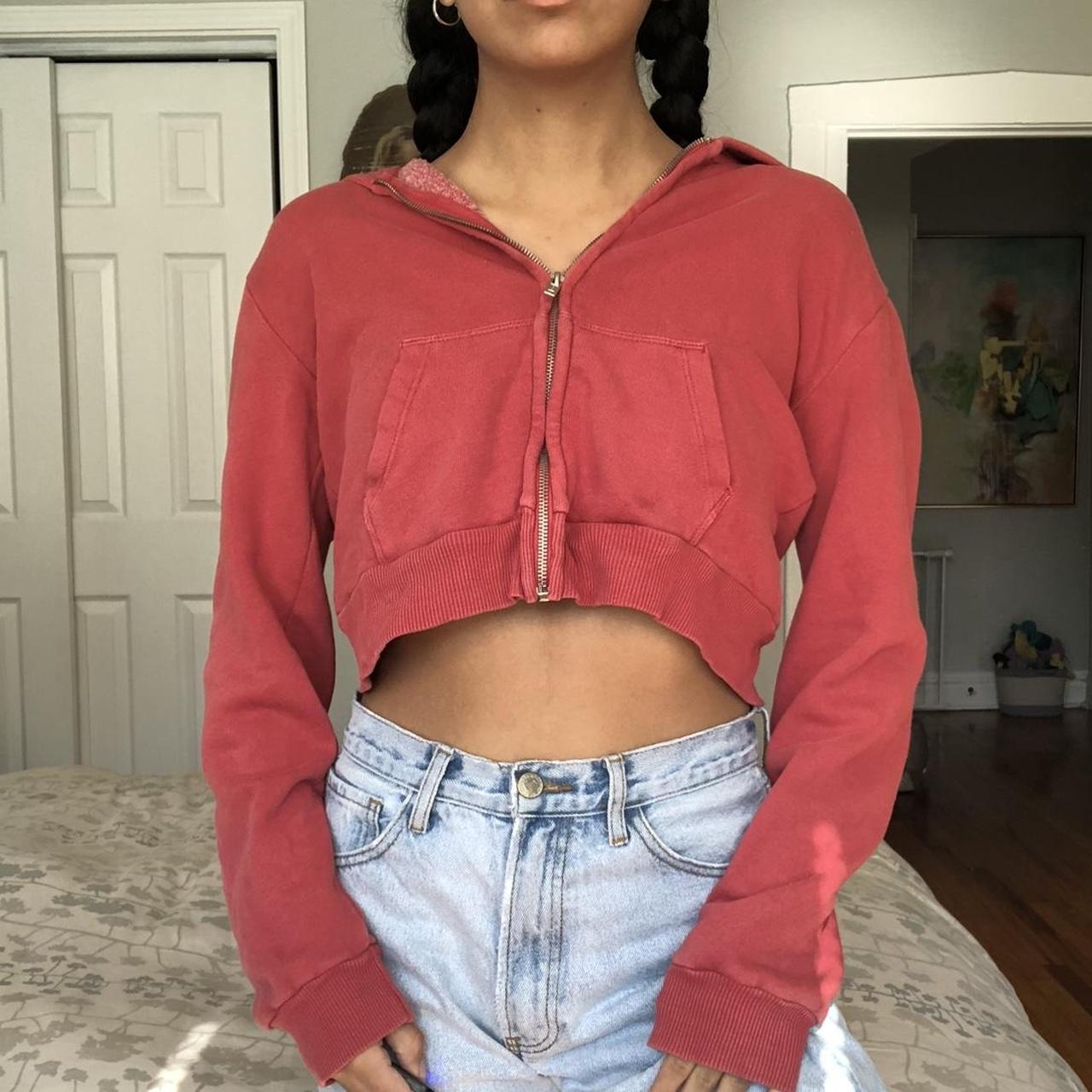 The crop brandy Melville zip up burgundy sweater is... Depop