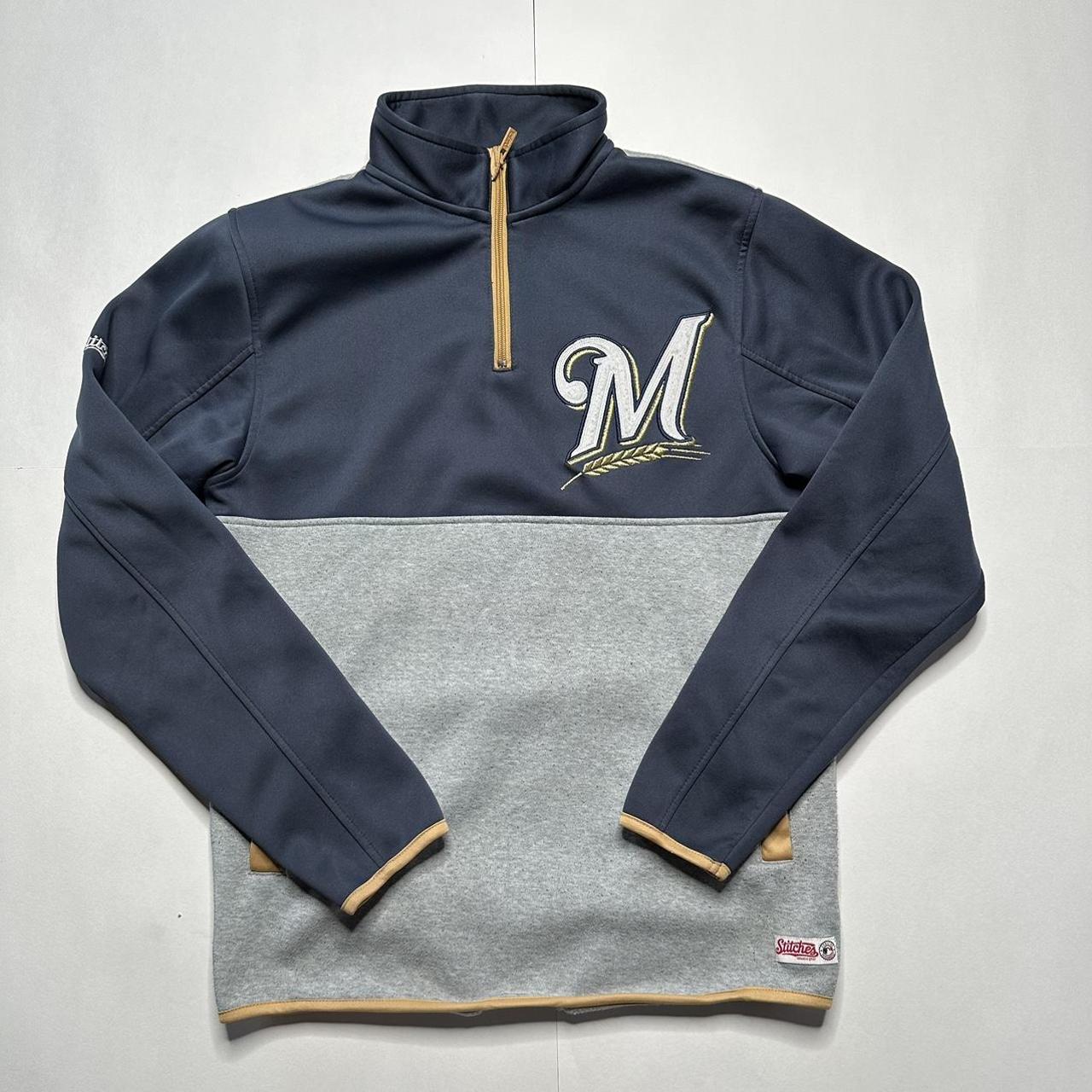 Buy the Mens Gray Blue Milwaukee Brewers Long Sleeve Pullover T