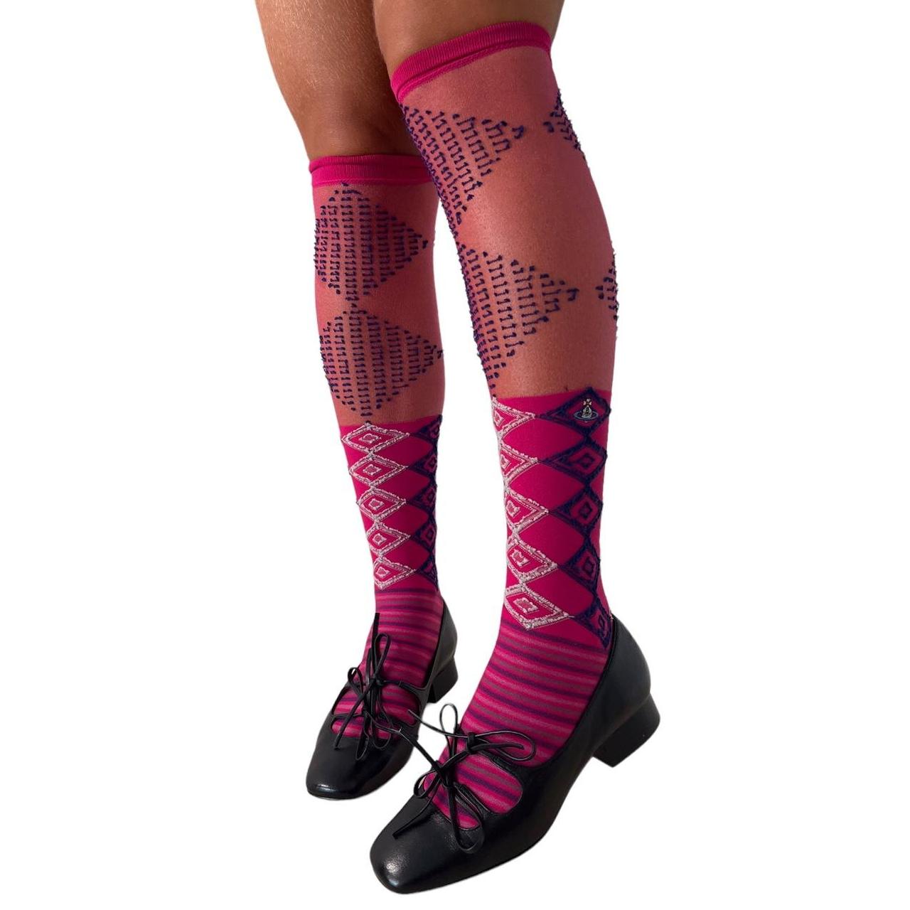 Vivienne Westwood preppy pink argyle high socks Pink... - Depop