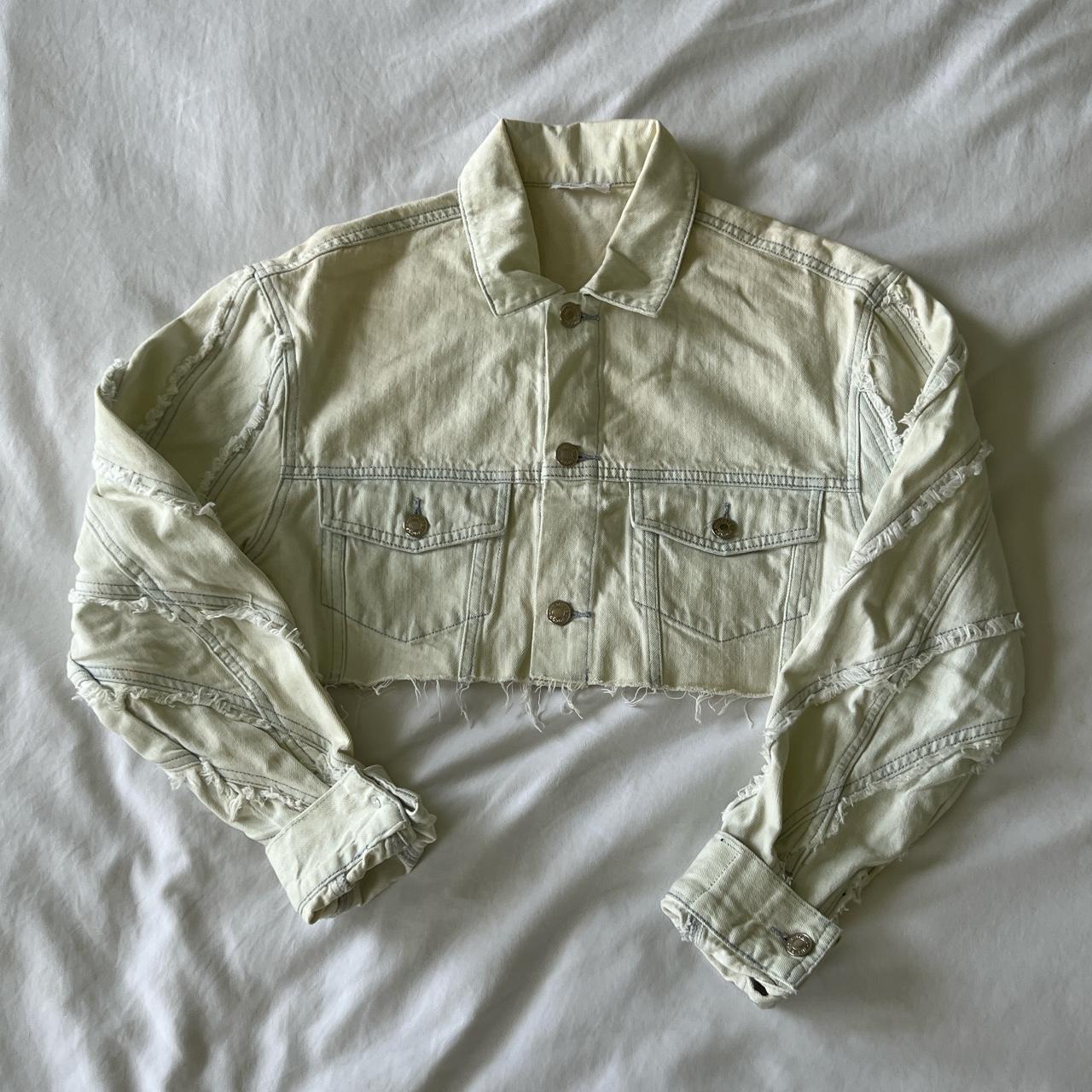 bleached textured denim cropped distressed jacket,... - Depop