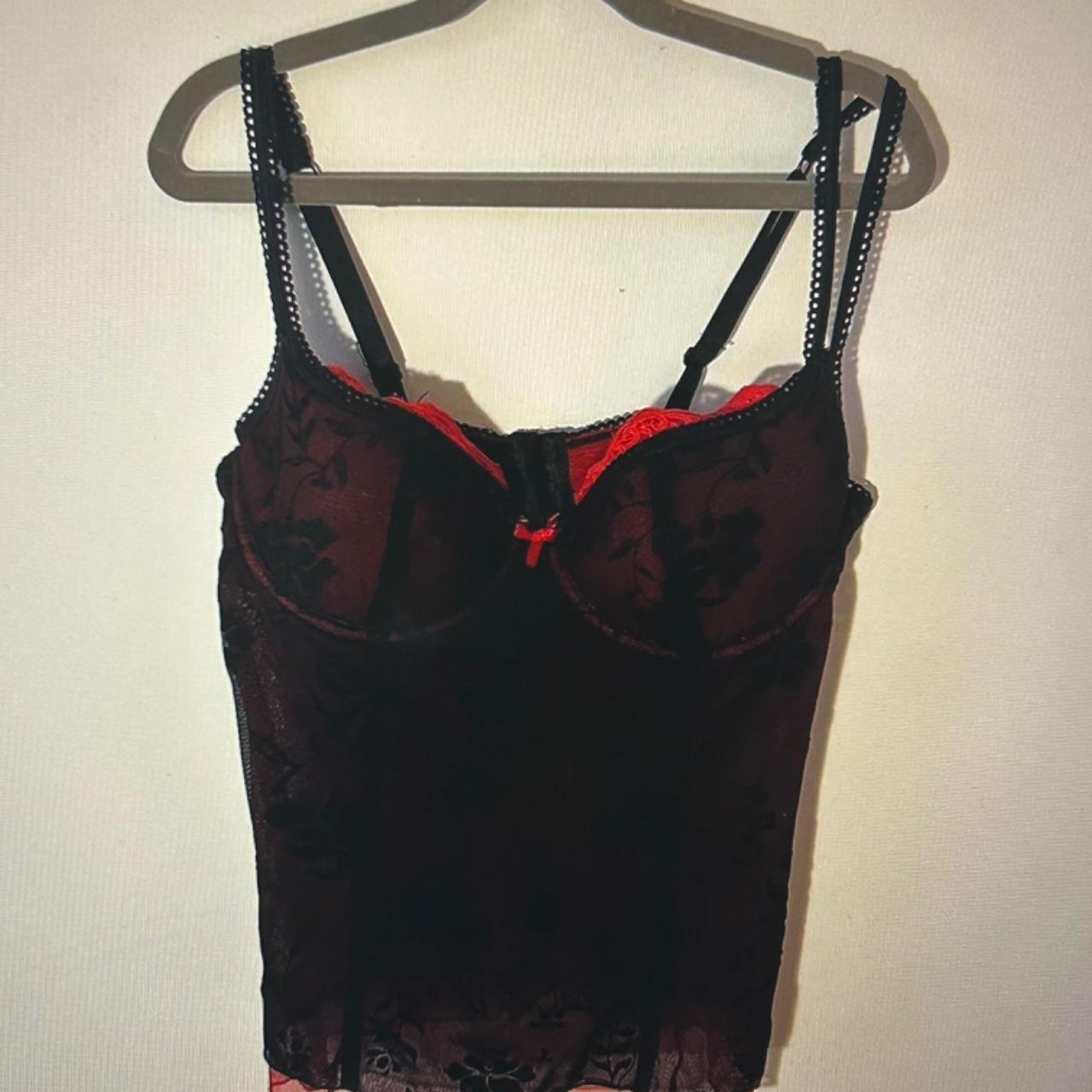 black and red mesh floral lace corset bustier... - Depop