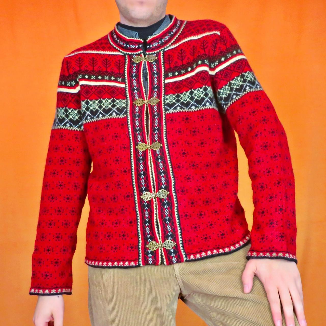 Vintage fairisle cardigan in red with funky Nordic... - Depop