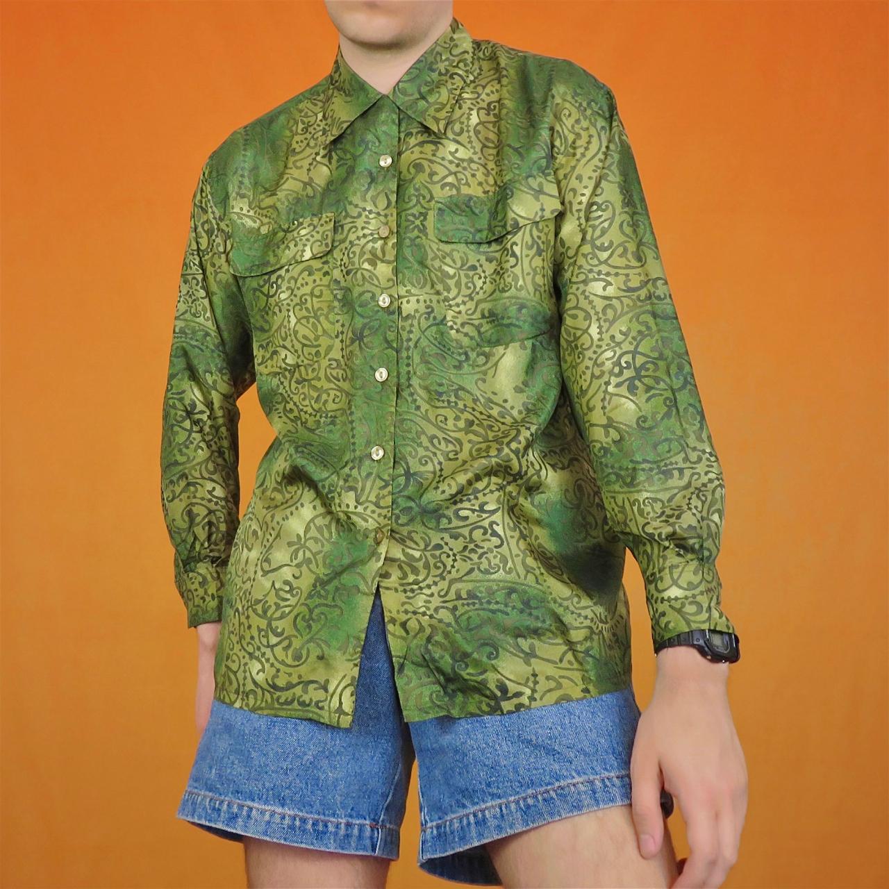 Vintage silk shirt in green with abstract floral... Depop