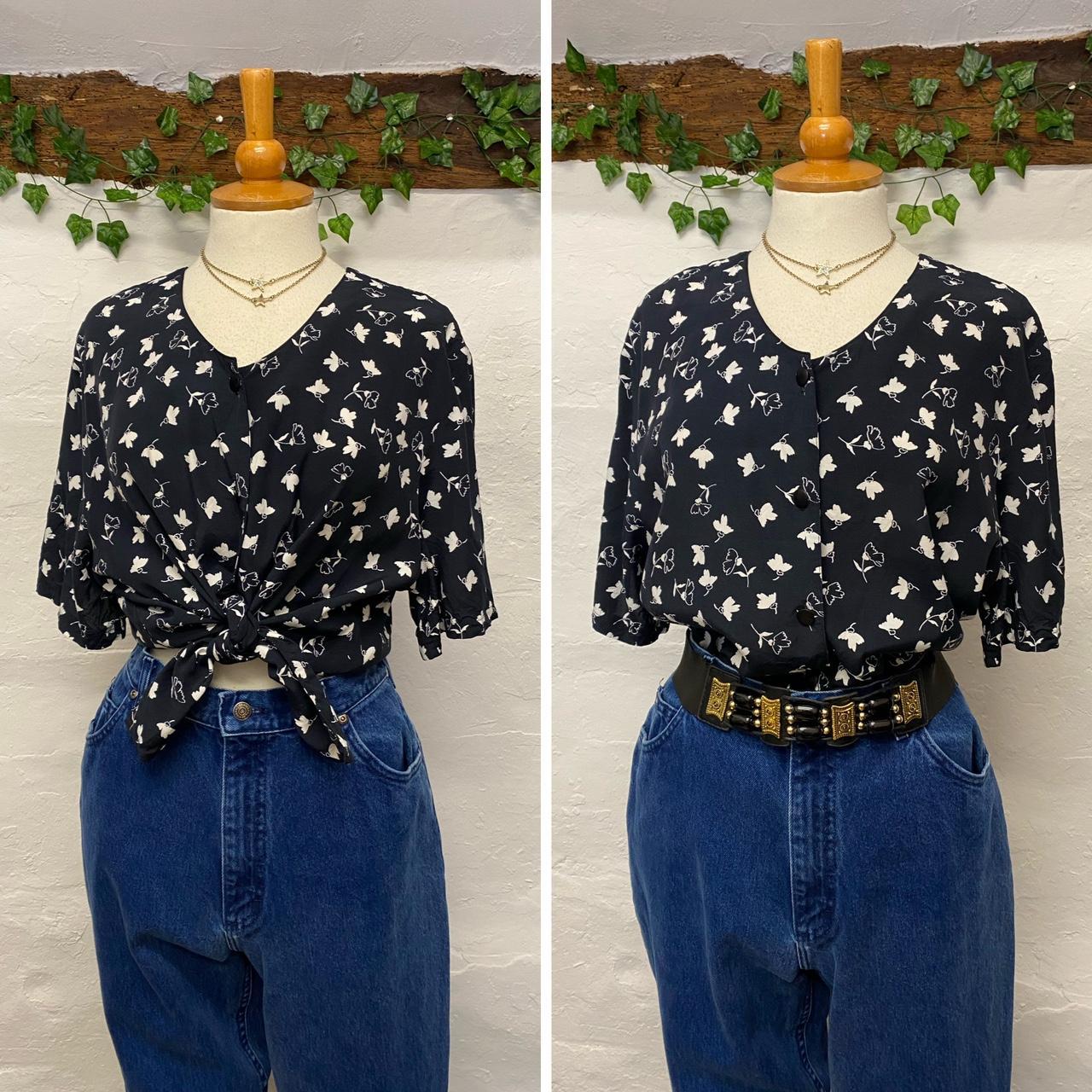 Women's Navy and White Blouse | Depop