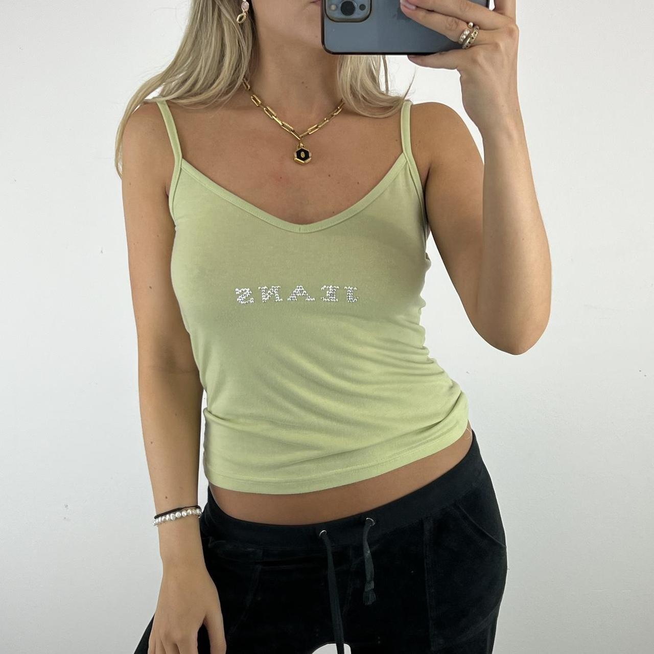 Vintage light green vest top with diamanté design... Depop