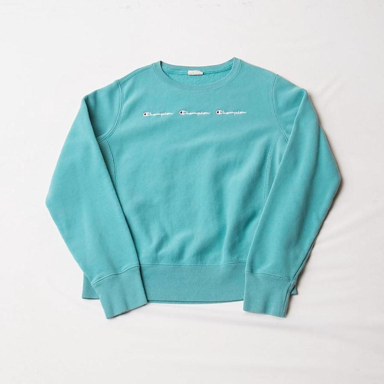 Turquoise Blue Champion Spell Out Crewneck... - Depop