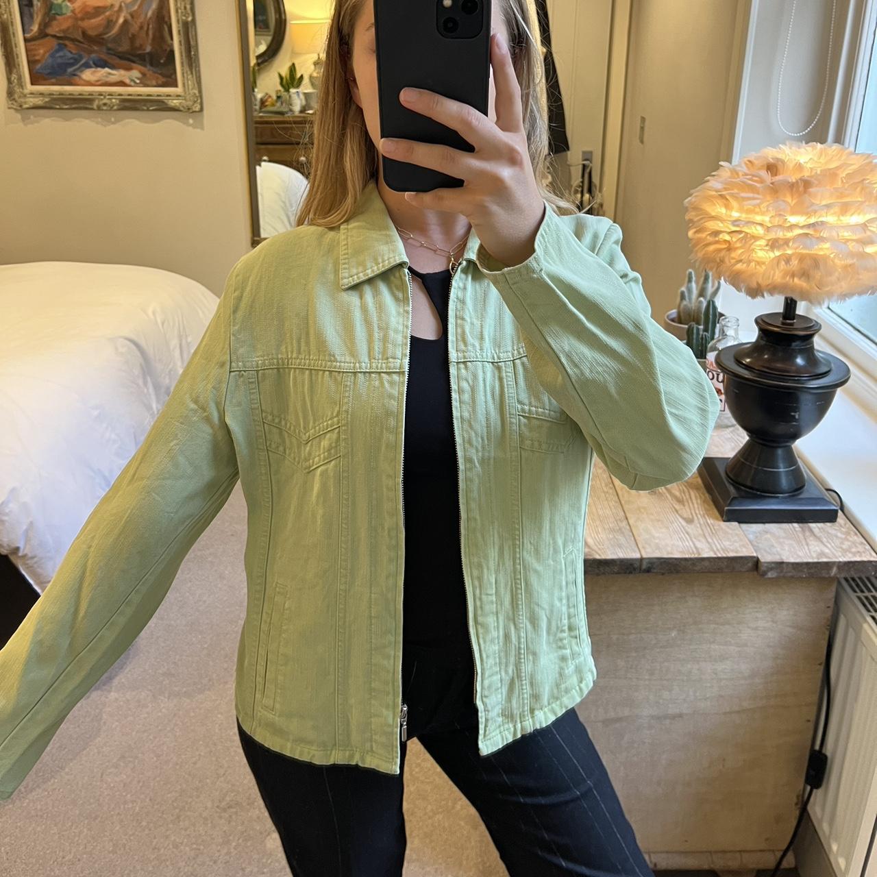 lime green denim jacket with a zip. this item is... Depop