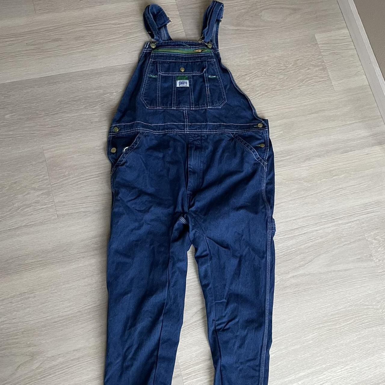 liberty thrifted overalls, labeled size L, 36x30,... Depop