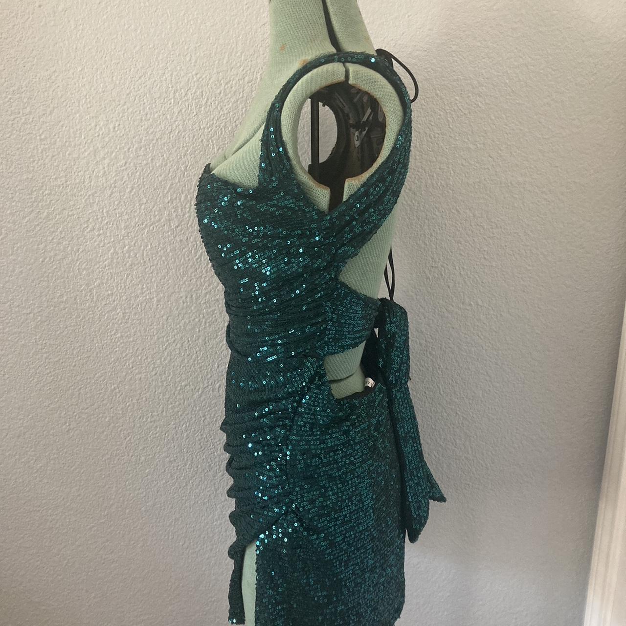 Mini Emerald Green Sequin Dress with slit and tie... Depop