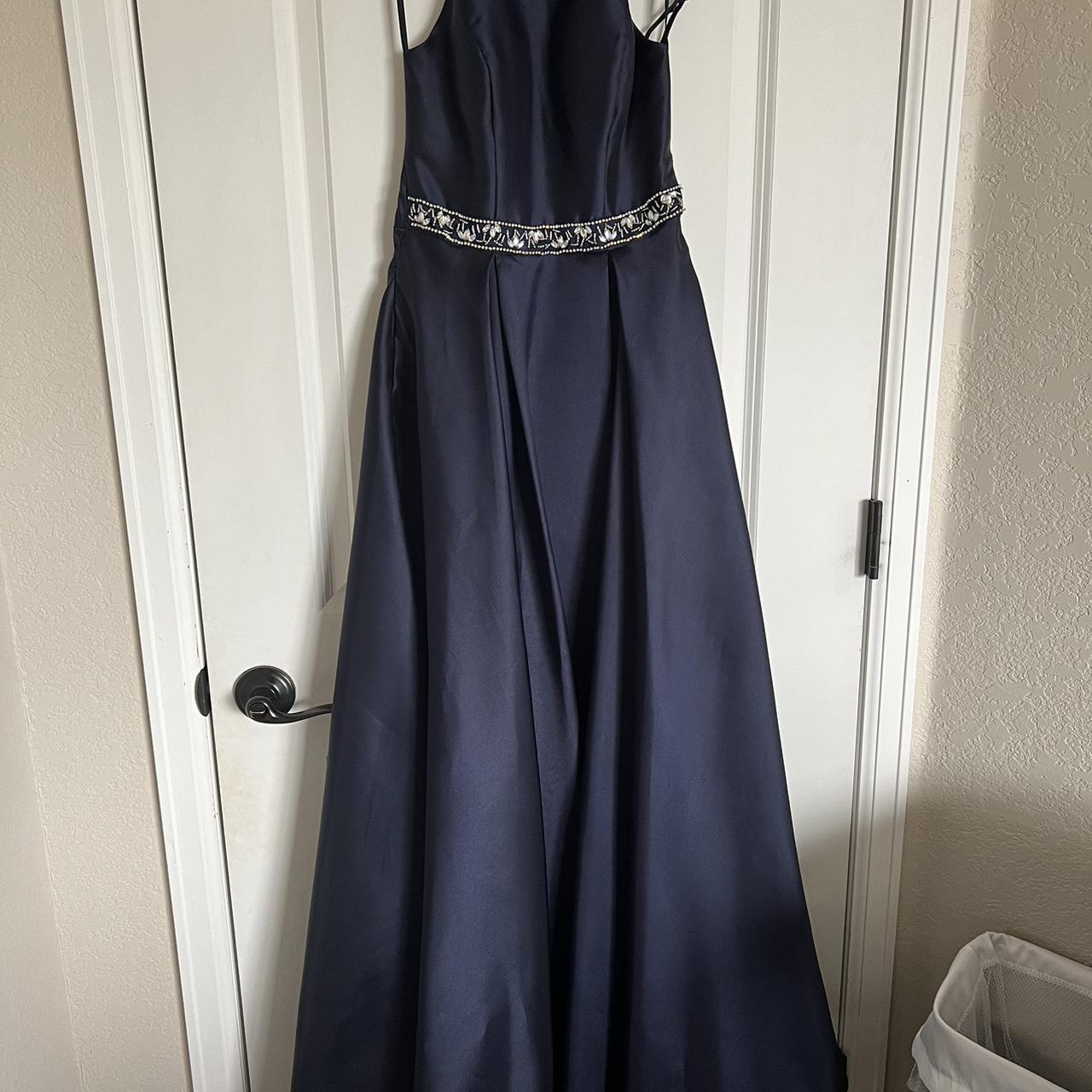 Bee Darlin navy blue halter neck prom dress gem