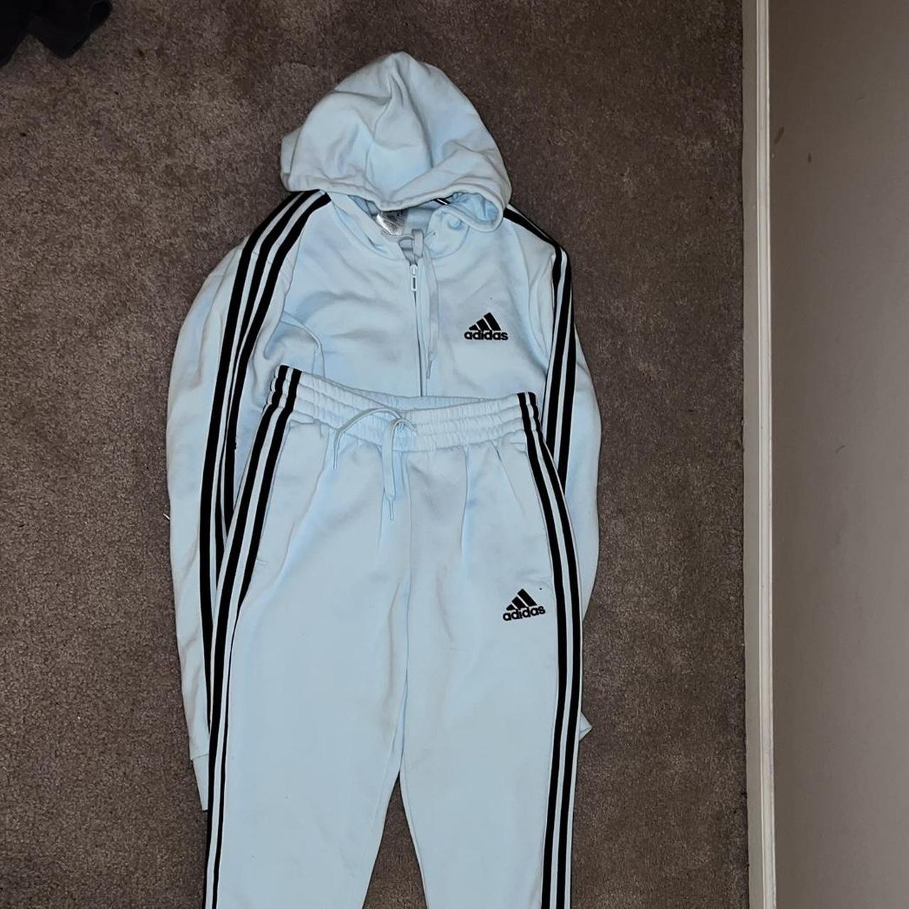 powder blue adidas hoodie tracksuit worn like