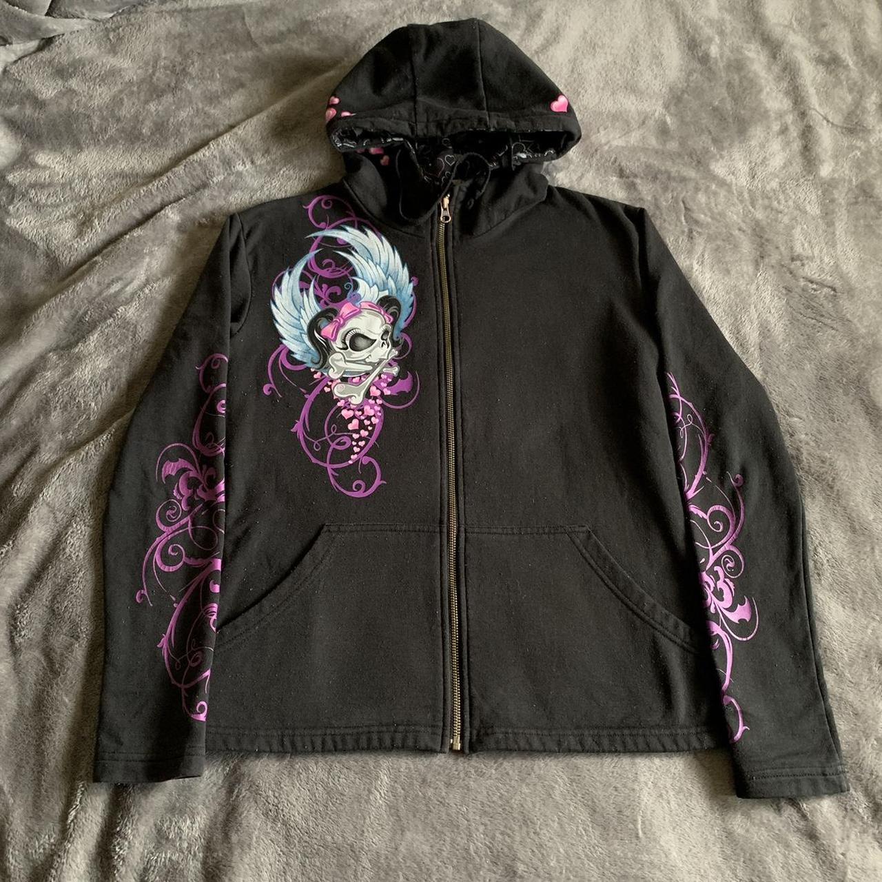 cyber y2k scene skulls wings hearts zip up hoodie... - Depop